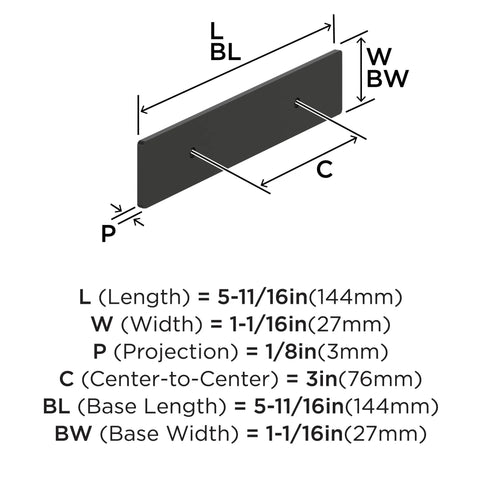 Diagram of 3 Inch Center To Center Rectangle Matte Black Cabinet Pull Backplate BP37601MB with dimensions and labels