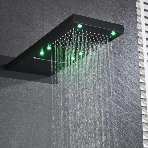 Slick Matte Black Shower System Featuring Rectangle LED Rainfall Head Wall Mount Bathroom Faucet with green lights and water flow.