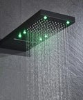 Premium Matte Black Shower System With LED Color Shifting Rainfall Showerhead, green lights illuminating water flow.