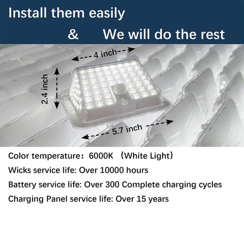 Pack Of 4 Solar Motion Sensor Lights For Outdoor Walls And Doors, white LED panel with dimensions and service info