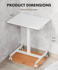 Mobile Small Standing Desk With Lockable Wheels For Sit Stand Work Desk On Wheels Portable Rolling Laptop Desk Adjustable Height Computer Station On Casters White Finish For Home Office Or Hospital Use, showing dimensions against a wall.