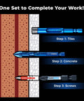 Diamond Drill Bit Set Ten Piece For Glass Tile Ceramic And Porcelain Holes With Quick Change One Quarter Inch Hex Shank image showing step-by-step use on tiles, concrete, and screws