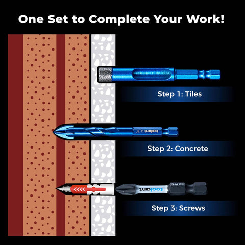 Diamond Drill Bit Set Ten Piece For Glass Tile Ceramic And Porcelain Holes With Quick Change One Quarter Inch Hex Shank image showing step-by-step use on tiles, concrete, and screws