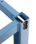 Rock Solid Heavy Duty Industrial Workbench Frame Base Adjustable Height Steel Shop Station With Leveling Glides No Sweat Easy Assembly Blue Pro Grade Platform Stand close-up of steel frame joint and bolts.