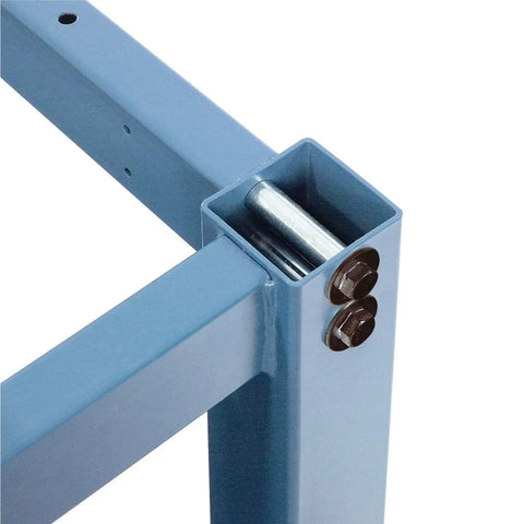 Rock Solid Heavy Duty Industrial Workbench Frame Base Adjustable Height Steel Shop Station With Leveling Glides No Sweat Easy Assembly Blue Pro Grade Platform Stand close-up of steel frame joint and bolts.