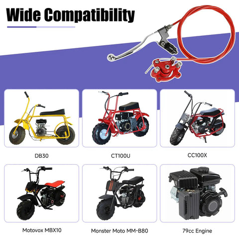 Compatibility chart for Mini Bike Brake Lever Kit With Caliper Replacement And 61 Inch Cable for multiple minibike models and engines.