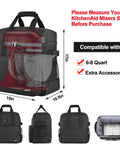 Padded Stand Mixer Travel Bag for 6 to 8 Quart KitchenAid with multiple pockets and cushion, highlighting product dimensions.