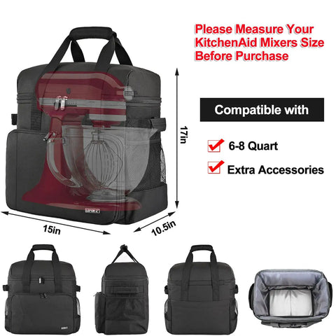 Padded Stand Mixer Travel Bag for 6 to 8 Quart KitchenAid with multiple pockets and cushion, highlighting product dimensions.