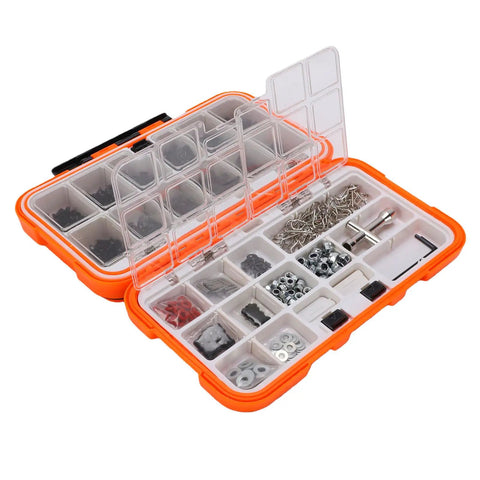 Universal 537 Piece RC Screw Kit With Stainless Steel Hardware For One Eighth One Tenth One Twelfth One Sixteenth Scale RC Cars Trucks And Crawlers M3 M4 Screws Nuts Bolts Washers Double Sided Storage Case open case with assorted stainless steel screws, nuts, bolts, and washers