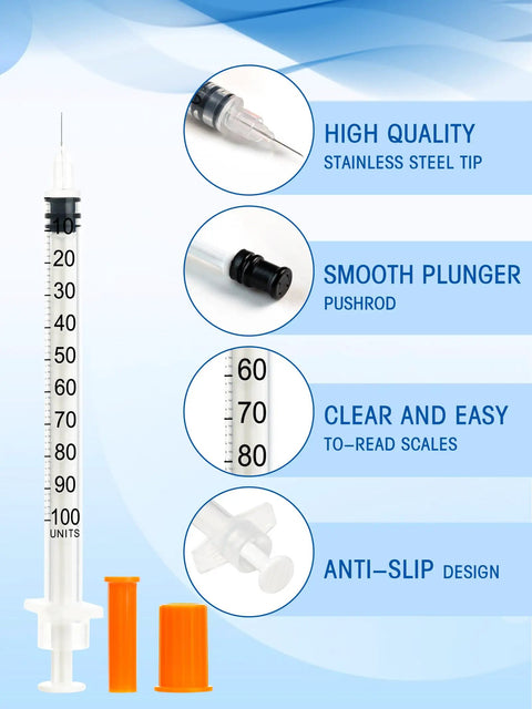 One Milliliter Disposable Lab Syringes With Caps, 31 Gauge By Quarter Inch 6 Mm, stainless steel tip, smooth plunger, clear scales.