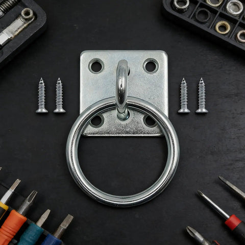 Heavy Duty Horse Tie Ring Square Wall Mounted Fastener with screws displayed on a black surface, ready for installation.