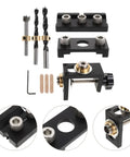 Adjustable Dowel Jig Kit With Precision Drill Guide Locator For Woodworking And Furniture Assembly Featuring A Rock Solid Aluminum Frame and drill bits.