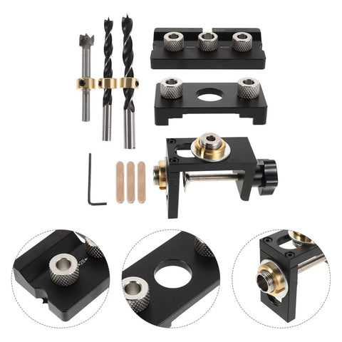 Adjustable Dowel Jig Kit With Precision Drill Guide Locator For Woodworking And Furniture Assembly Featuring A Rock Solid Aluminum Frame and drill bits.