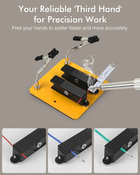Third Hand Soldering Clamp Stand With Adjustable Arms, Ideal For PCB Work, Wires, Small Electronics, Jewelry, And DIY Craft Projects, Handy Solder Aid Station In Yellow Black Small Size shown in use with wire and PCB soldering.