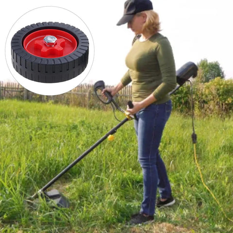 Woman using Two Pack Battery Powered Lawn Mower Attachments With Roller Wheels For Breezy Maneuvering And Simple Assembly Boosting Stability