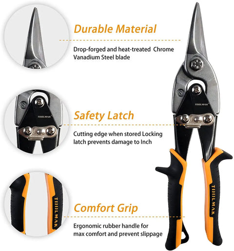 Premium 10 Inch Straight Cut Aviation Snips Rips Sheet Metal Like Butter Chrome Vanadium Steel 62HRC Hardness Non Slip Rubber Grip Bi Color Handle Heavy Duty Metal Cutter Built Tough Knuckle Saver