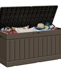 78 Gallon Outdoor Deck Box Large Resin Storage Box for Patio Cushions Garden Tools and Yard Gear with Lockable Lid Open View
