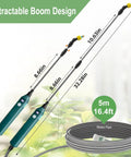 Battery Powered Sprayer Wand With Telescopic 16.4Ft Hose, two green wands showing extension sizes and coiled water pipe