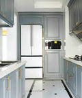 Modern kitchen with gray cabinets featuring 6 Inch T Shaped Bar Cabinet Pulls 8 Pack Stainless Steel Handles With 96mm Hole Center And 150mm Overall Length