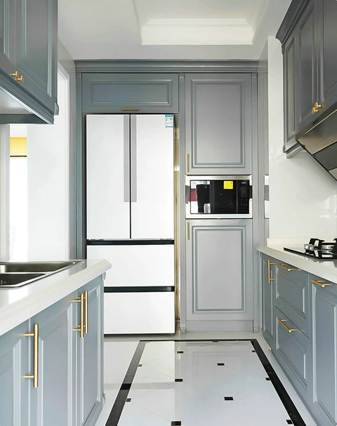 Modern kitchen with gray cabinets featuring 6 Inch T Shaped Bar Cabinet Pulls 8 Pack Stainless Steel Handles With 96mm Hole Center And 150mm Overall Length