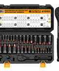 Open case of Pro Grade 35 Piece Hex Bit Socket Set with 1/4, 3/8, 1/2 inch drive sockets, ratchet wrench, SAE & metric sizes displayed.