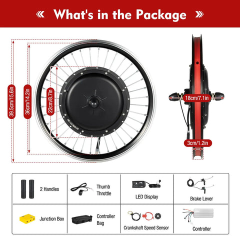 1000W 48V Front Wheel Hub Electric Bike Conversion Kit components including 20 inch hub motor, LED display, and thumb throttle