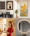 Pro Level Picture Hanging Wire Kit With D Rings And Wall Mount Screws For Frames And Canvases, showcasing wall art and a woman hanging frames.