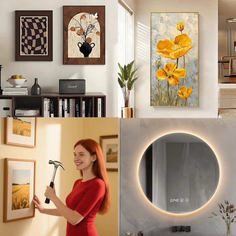 Pro Level Picture Hanging Wire Kit With D Rings And Wall Mount Screws For Frames And Canvases, showcasing wall art and a woman hanging frames.