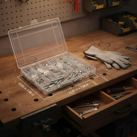 All In One Screw Nut And Washer Assortment Kit M3 To M6 Carbon Steel Hardware Set With Storage Box And Gloves on a workbench