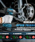 Cordless Half Inch Impact Wrench With 1600 Newton Meters Torque Brushless High Torque Pro Grade Power Tool 21V 3800 RPM Includes Two 4Ah Batteries being used on vehicle