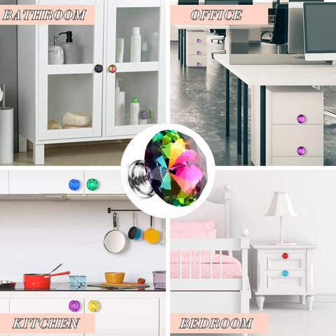 Crystal Drawer Pulls 20 Pack Diamond 30mm Cabinet Knobs displayed in bathroom, office, kitchen, and bedroom settings.