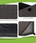 Outdoor 34 Gallon Storage Bench With Seat Cushion And Waterproof Liner, Wicker Brown Deck Box details with cut-out handles and structure