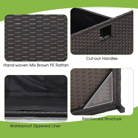 Outdoor 34 Gallon Storage Bench With Seat Cushion And Waterproof Liner, Wicker Brown Deck Box details with cut-out handles and structure