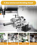 Heavy Duty Cast Iron Indexing Dividing Head With 3 Jaw Chuck And Spiral Tailstock, showcased on CNC milling machine for precision work.
