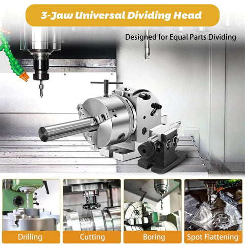 Heavy Duty Cast Iron Indexing Dividing Head With 3 Jaw Chuck And Spiral Tailstock, showcased on CNC milling machine for precision work.