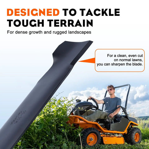 2 Pack 138971 High Lift Mower Blades 5 Point Star For Craftsman 42 Inch Riding Mower LT1000 LT2000 And Husqvarna 42 Inch Deck Lawn Tractor Models Replace 532138971 422719 showcasing a blade and mower in use on grass