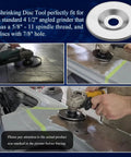 Collage showing 4.5 Inch Shrinking Disc For Angle Grinder Pro Grade 5/8 Inch 11 Spindle Fits 4-1/2 Inch Tool in use for auto body repair
