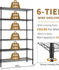 Six Tier Heavy Duty Wire Shelving Unit With Wheels 2100 Lb Capacity 45 By 18 By 82 Inches Adjustable Shelves In One Inch Increments NSF Certified Garage Basement Storage Rack Black Metal, 6-tier wire rack
