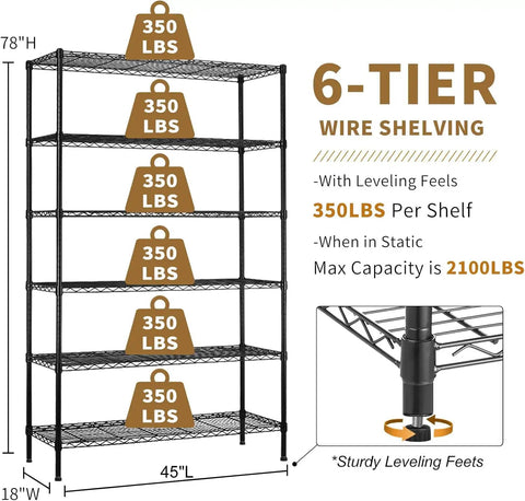 Six Tier Heavy Duty Wire Shelving Unit With Wheels 2100 Lb Capacity 45 By 18 By 82 Inches Adjustable Shelves In One Inch Increments NSF Certified Garage Basement Storage Rack Black Metal, 6-tier wire rack