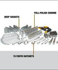 Beast Pro Mechanics Tool Set With Quarter Inch, Three-Eighths Inch, And Half Inch Drives, 205-Piece SAE And Metric Sockets in a layout