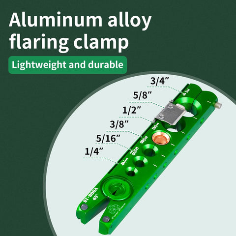Angled view of green aluminum alloy flaring clamp for 1/4–3/4 in HVAC copper pipe.