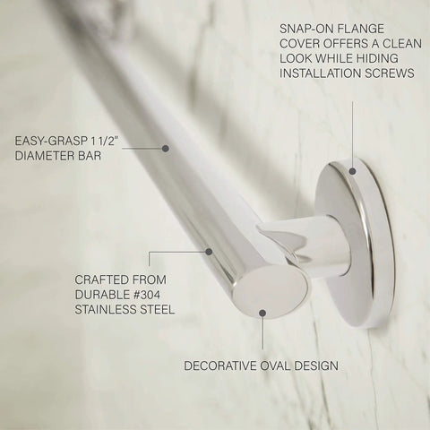 18 Inch Decorative Oval Wall Mount Grab Bar With Concealed Flanges For ADA Safety And Solid Grip 1.5 Inch Diameter Polished Stainless Steel Finish
