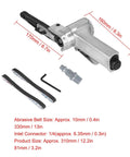 Top Shelf Pneumatic Belt Sander With Retractable Trigger and Ultra Thin Pressure Plate showing dimensions and accessories for wood metal finishing.