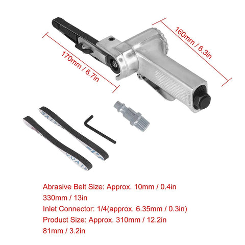 Top Shelf Pneumatic Belt Sander With Retractable Trigger and Ultra Thin Pressure Plate showing dimensions and accessories for wood metal finishing.