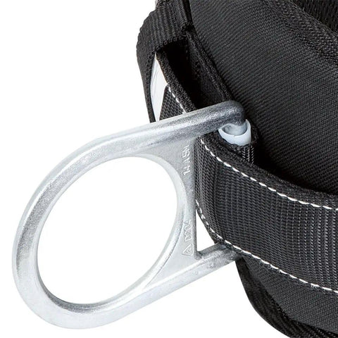 Close-up of Fall Protection Safety Harness Positioning Belt With Padded Lumbar Support 2 D Rings Black XL Lightweight And Comfy
