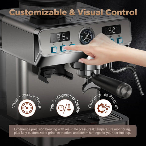 Everyday Home Barista Espresso Machine With Built In Grinder, 20 Bar Pressure For Rich Extraction, Temperature Control 194F To 203F, 68 Oz Water Tank, All In One Coffee Maker With Cold Brew, control panel close-up view.