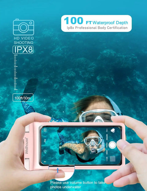 3D Waterproof Phone Pouch With Lanyard, Ultra Clear TPU Case For iPhone and Samsung, shown underwater at 100 feet depth