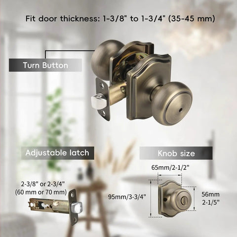 Old School Antique Brass Door Knobs With Camelot Trim, Privacy Interior Door Knob With Lock For Bath And Bedroom, Six Pack