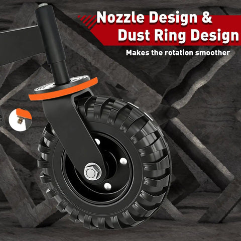Hella Sturdy 8 Inch Gate Wheel To Fix Sagging Wood And Metal Fences With 600 Lb Swivel Capacity, showing nozzle and dust ring design.