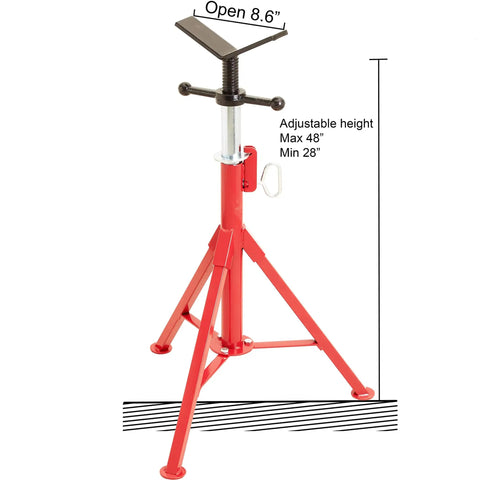 V Head Pipe Stand With Adjustable Height For Welding, Heavy Duty Pipe Support Stand in red showing 48-inch max height